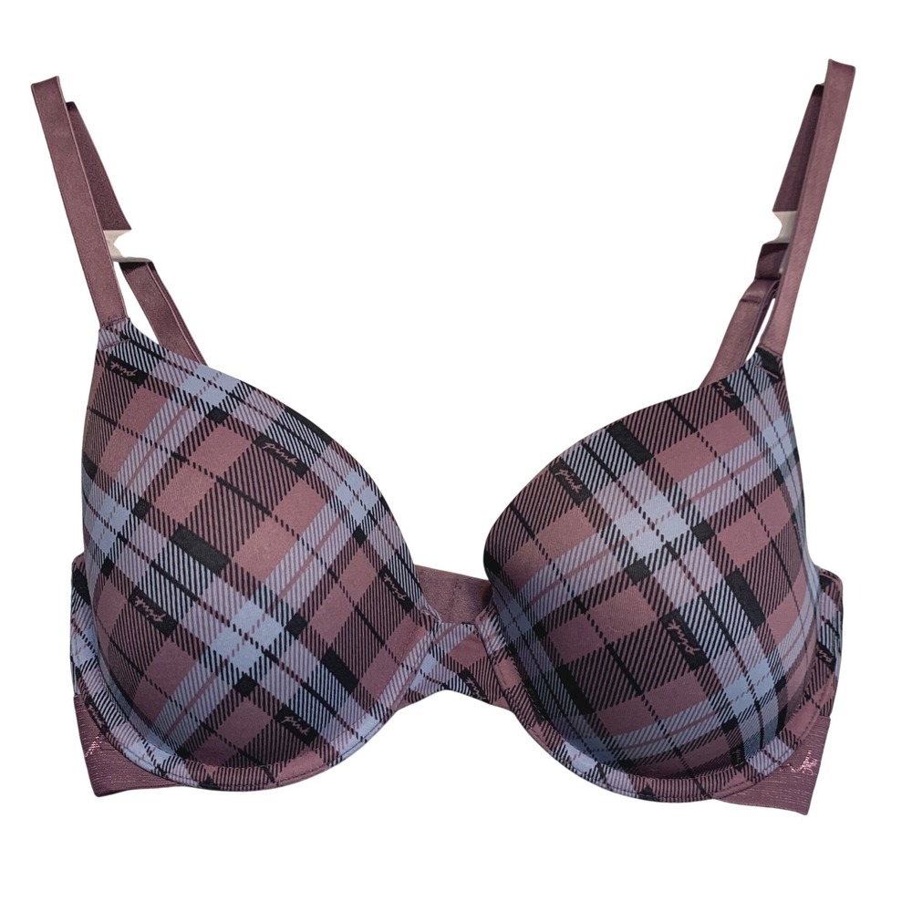 Victoria's Secret T-Shirt Bra 32DD Purple Plaid Wear Everywhere Lightly Lined